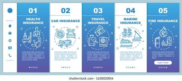 Life insurance onboarding vector template. Healthcare assurance. Injury coverage. Nautical vehicle. Responsive mobile website with icons. Webpage walkthrough step screens. RGB color concept