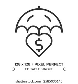 Life insurance pixel perfect linear icon. Financial security, economical protection. Support, assurance. Thin line illustration. Contour symbol. Vector outline drawing. Editable stroke