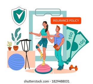 Life insurance police for medical services and physical rehabilitation programs in case of injury and accident. Rehabilitation physician specialist working with patient, cartoon vector illustration.