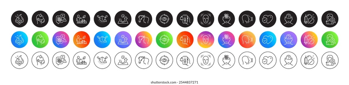 Life insurance, Sick man and Anxiety line icons. Round icon gradient buttons. Pack of Medical mask, Face id, Eye target icon. Vector