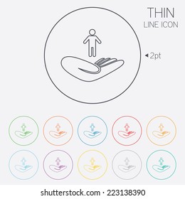 Life insurance sign. Hand holds human symbol. Health insurance. Thin line circle web icons with outline. Vector