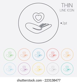 Life insurance sign. Hand holds human heart symbol. Health insurance. Thin line circle web icons with outline. Vector