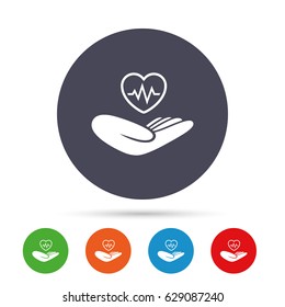 Life insurance sign. Hand holds human heart symbol. Health insurance. Round colourful buttons with flat icons. Vector