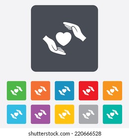 Life insurance sign icon. Hands protect cover heart symbol. Health insurance. Rounded squares 11 buttons. Vector