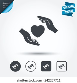 Life insurance sign icon. Hands protect cover heart symbol. Health insurance. Circle and square buttons. Flat design set. Thank you ribbon. Vector