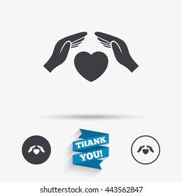 Life insurance sign icon. Hands protect cover heart symbol. Health insurance. Flat icons. Buttons with icons. Thank you ribbon. Vector