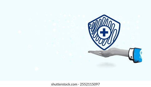 Life insurance symbol. Virus protection. Protection shield with medical cross sign. Healthcare, Medical services. Collage Art Vector illustration
