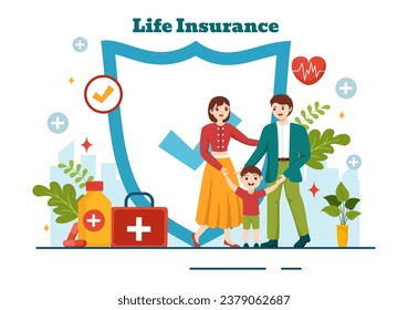 Life Insurance Vector Illustration with Check Marks, Shield and Umbrella for Family Healthcare Protection and Medical Service in Flat Background