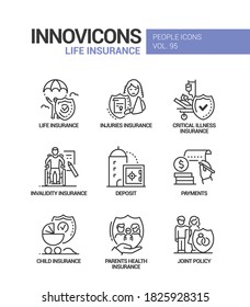 Seguro de vida - conjunto de iconos de diseño de líneas vectoriales. La idea de seguridad y protección. Accidentes, lesiones, enfermedades graves, invalidez, hijos, tipos de salud de los padres, depósito, pagos, política conjunta