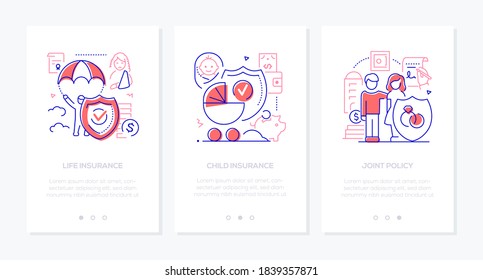 Life insurance - vector line design style web banners with copy space for text. Safety idea. Joint policy, healthcare and protected child health. Person parachuting, baby cart, married couple icons