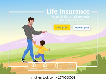 life insurance website conceptual design. life insurance services. Father walks with his son. Hike in the mountains. Healthy lifestyle