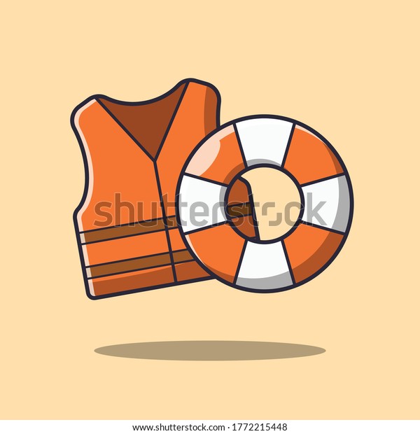Life jacket and life buoy vector\
icon illustration. Equipment for safety on boat, kayaking, rafting,\
and water sports. Vector flat style cartoon\
illustration.