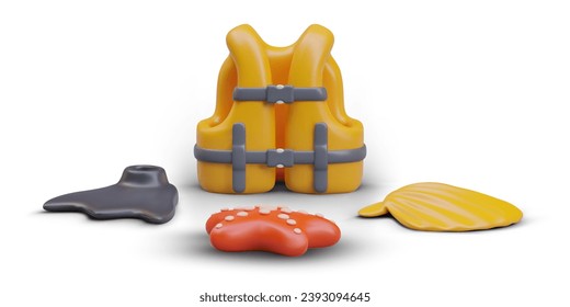 Life jacket, flipper, starfish, scallop shell. Set on white background. Vacationer accessories. Items for vacations at sea. Illustrations for scuba diving, tourist business