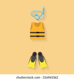 life jacket with   goggles and flipper