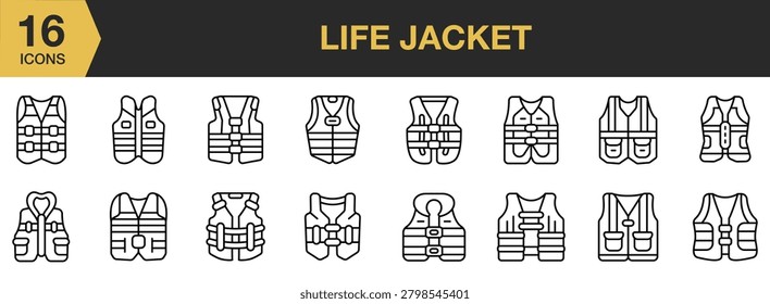 Life Jacket icon set. Includes flotation vests, marine safety gear, rescue equipment and More. Outline icons vector collection.