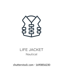 Life jacket icon. Thin linear life jacket outline icon isolated on white background from nautical collection. Line vector sign, symbol for web and mobile