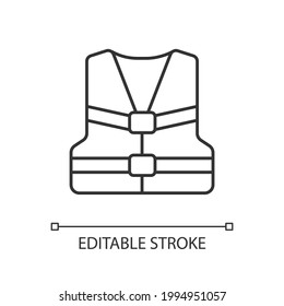 Icono lineal de chaleco salvavidas. Dispositivo de flotación personal. Chaleco inflable para los deportes náuticos. Ilustración personalizable de línea delgada. Símbolo de contorno. Dibujo de contorno aislado del vector. Trazo editable