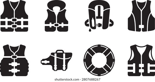 Life jacket marine safety floatation vest icons set