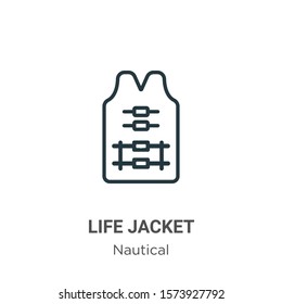 Life jacket outline vector icon. Thin line black life jacket icon, flat vector simple element illustration from editable nautical concept isolated on white background