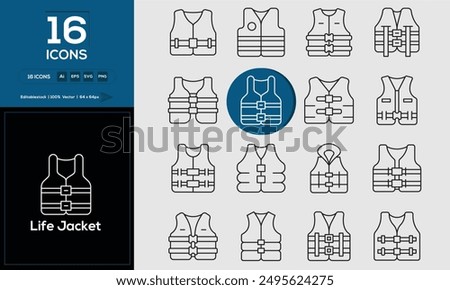 Life Jacket set of outline icons related to analysis, infographic, analytics. Editable stroke. Vector illustration. 