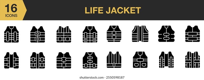 Life Jacket solid icon set. Solid icons vector collection.