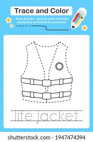 Life Jacket trace and color preschool worksheet trace for kids for practicing fine motor skills