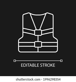 Life jacket white linear icon for dark theme. Flotation device. Swim vest for water sports. Thin line customizable illustration. Isolated vector contour symbol for night mode. Editable stroke