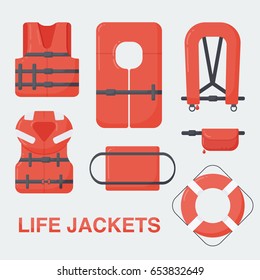 Life jackets set, Flat design of different types of floatation devices, vector illustration