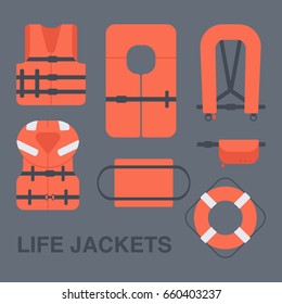 Life jackets types vector flat icons set, Flat design of different types of floatation devices, vector illustration