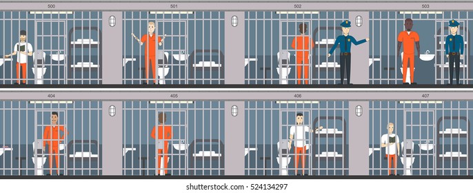 Life In Jail Set. Prisoners Behind The Bars. Police, Indoors Interior, People In Orange Uniform.