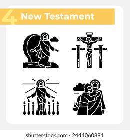 Life of Jesus Christ black glyph icons set on white space. Crucifixion and resurrection. New testament. Biblical scenes. Silhouette symbols. Solid pictogram pack. Vector isolated illustration