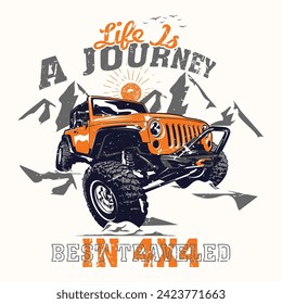 Life is a journey best traveled in 4x4. Monster truck vector logo design inspiration, Design element for logo, poster, card, banner, emblem, t-shirt. Vector illustration