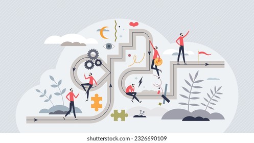 Life journey and highway path with complex direction tiny person concept. Complicated challenge in career or personal experience vector illustration. Unknown future events in unpredictable chaos.