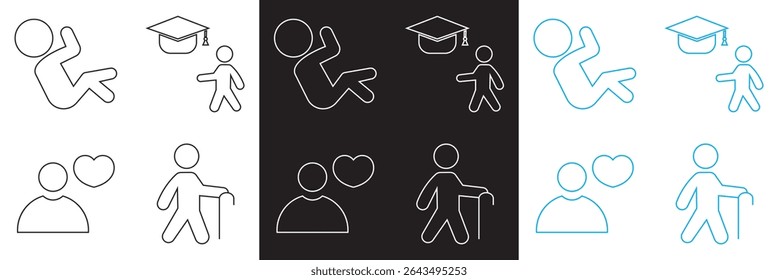 Life Journey  Icons set.  birth, school time, love elderly icon. Vector illustration. isolated on white and black background. EPS 10