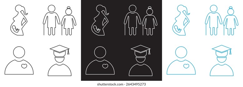 Life Journey  Icons set.  birth, school time, love elderly icon. Vector illustration. isolated on white and black background. EPS 10
