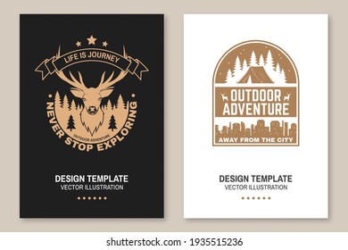 Life is journey. Never stop exploring. Outdoor adventure. Vector illustration. Concept for shirt, logo, print, stamp or tee. Vintage typography design with elk, forest landscape silhouette