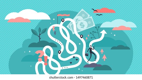 Life journey vector illustration. Flat tiny symbolic person destiny concept. Abstract lifetime choices and opportunity zigzags with unknown future creative visualization. Being freedom adventure map.