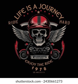 La vida es un viaje.Vintage Skull Riders con alas y pistones Diseño de emblema camisetas Ilustración vectorial 