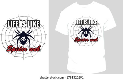 Das Leben ist wie ein Spinnennetz-T-Shirt-Designkartoon, Vektorkunst und Illustration