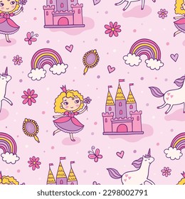 Life of little princess abstract seamless pattern. Fairy tale vector images on pink background.