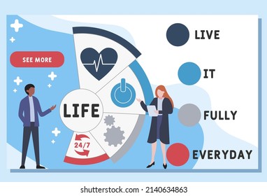 LA VIDA - Viva Plenamente El acrónimo cotidiano. fondo de concepto de negocio.  concepto de ilustración vectorial con palabras clave e iconos. ilustración con iconos para banner web, volante, aterrizaje