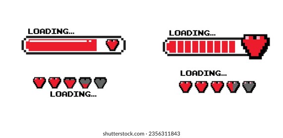 Life loading icon set.Romantic loader with heart icons.loading data.8-bit game pixel art vector set.