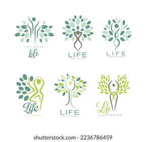 Life Logo Design with Human Silhouette as Tree with Lush Leaf Crown Vector Set
