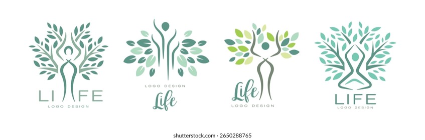 Life Logo Design with Root and Tree Crown Vector Set