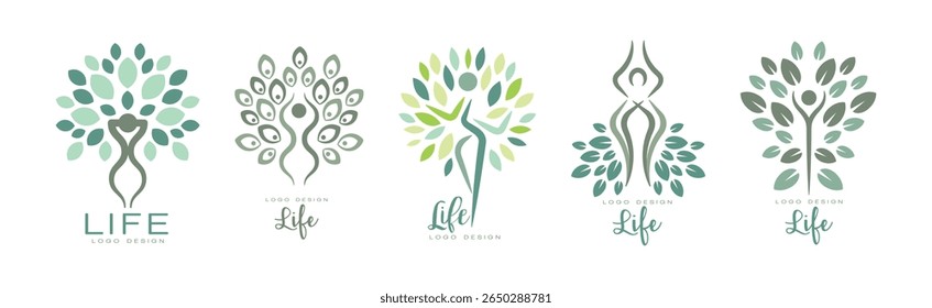 Life Logo Design with Root and Tree Crown Vector Set