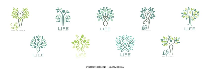 Diseño del logotipo de la vida con la raíz y el árbol corona Vector conjunto