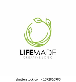 life made logo, life green logo, o life, o nest leaf logo icon art vector illustration design