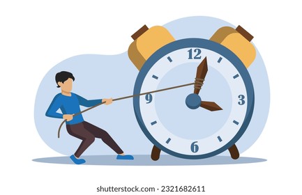 Life management. Faceless character trying to reverse flow of time. Strong fit male pulling back minute hand on alarm clock using rope. Flat vector illustration