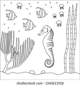 Life of marine animals: seahorse, fish and jellyfish coloring page contour vector illustration eps for painting
