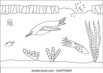 Life of marine animals. Underwater world. Penguin hunting. Coloring vector illustration
